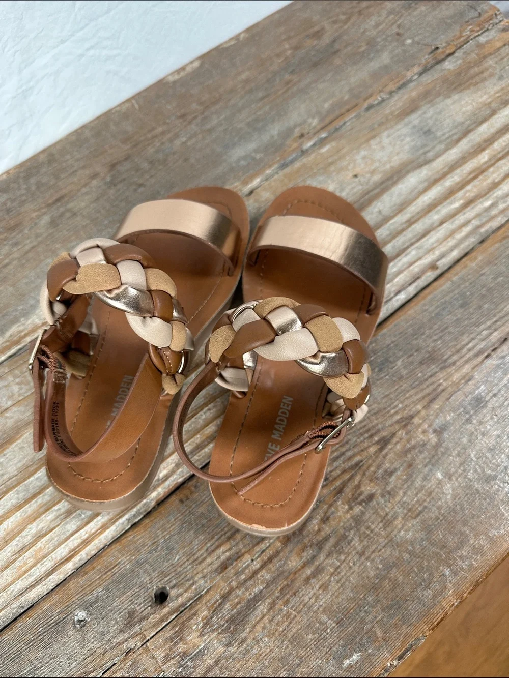 Steve Madden Girls Metallic Rose Gold and Tan Braided Strap Sandals